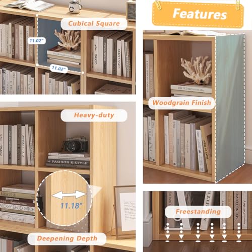 Oak 6 Cube Organizer Bookcase with Fabric Storage Bins J164