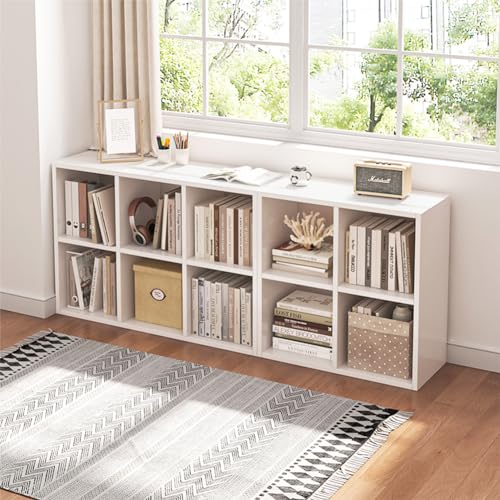 Oak 6 Cube Organizer Bookcase with Fabric Storage Bins J164