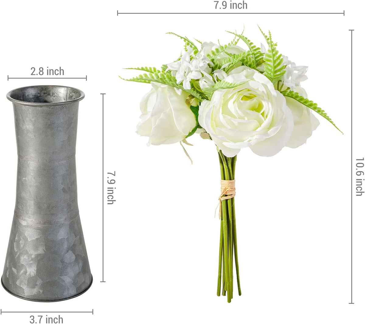 8 Inch Galvanized Metal Decorative Flower Vase with Faux Floral Bouquet, Artificial White Roses O80125