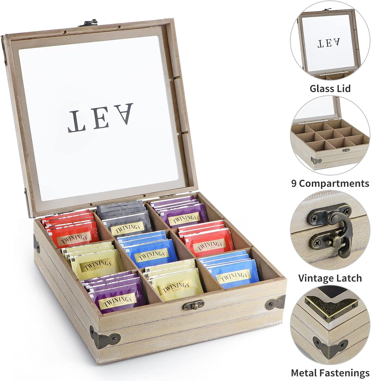 Wood Tea Box Organizer with Glass Lid, 9 Compartments L2913