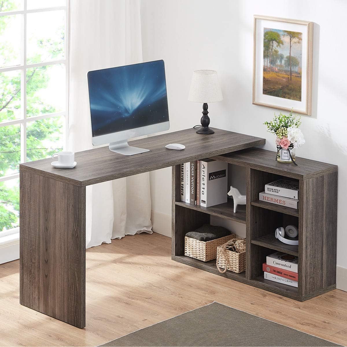 Grey L Shaped Computer Desk with Cabinet Drawer Storage V26254