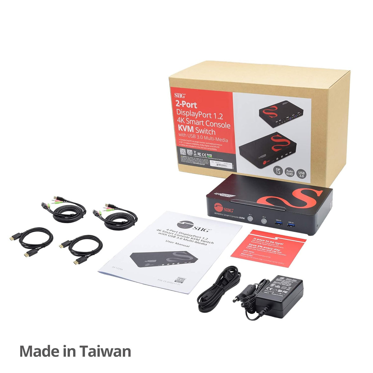 4K DisplayPort KVM Switch with Audio and Microphone, USB 3.0 x4, USB 2.0 x2, Cables Included, Metal Housing R852387