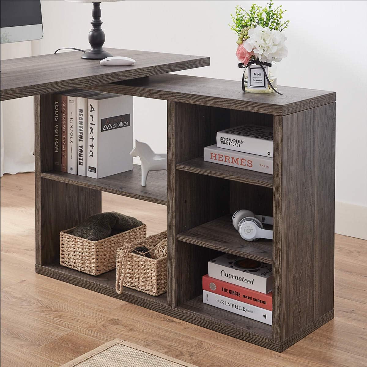 Grey L Shaped Computer Desk with Cabinet Drawer Storage V26254