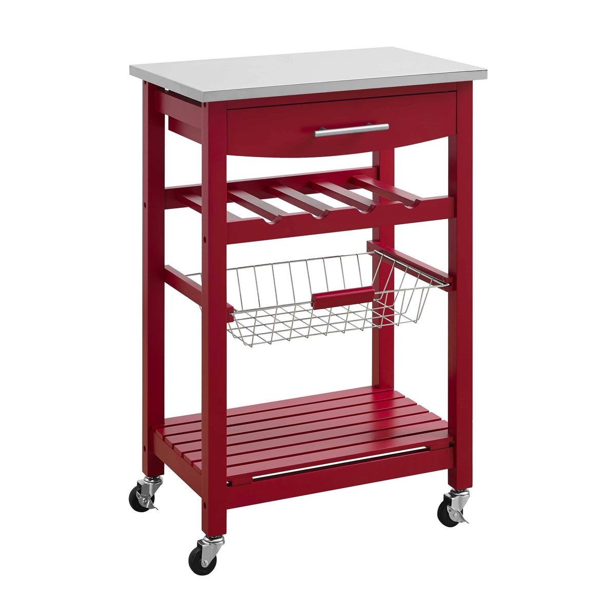 Red Kitchen Island with Stainless Steel Top and Casters B193522