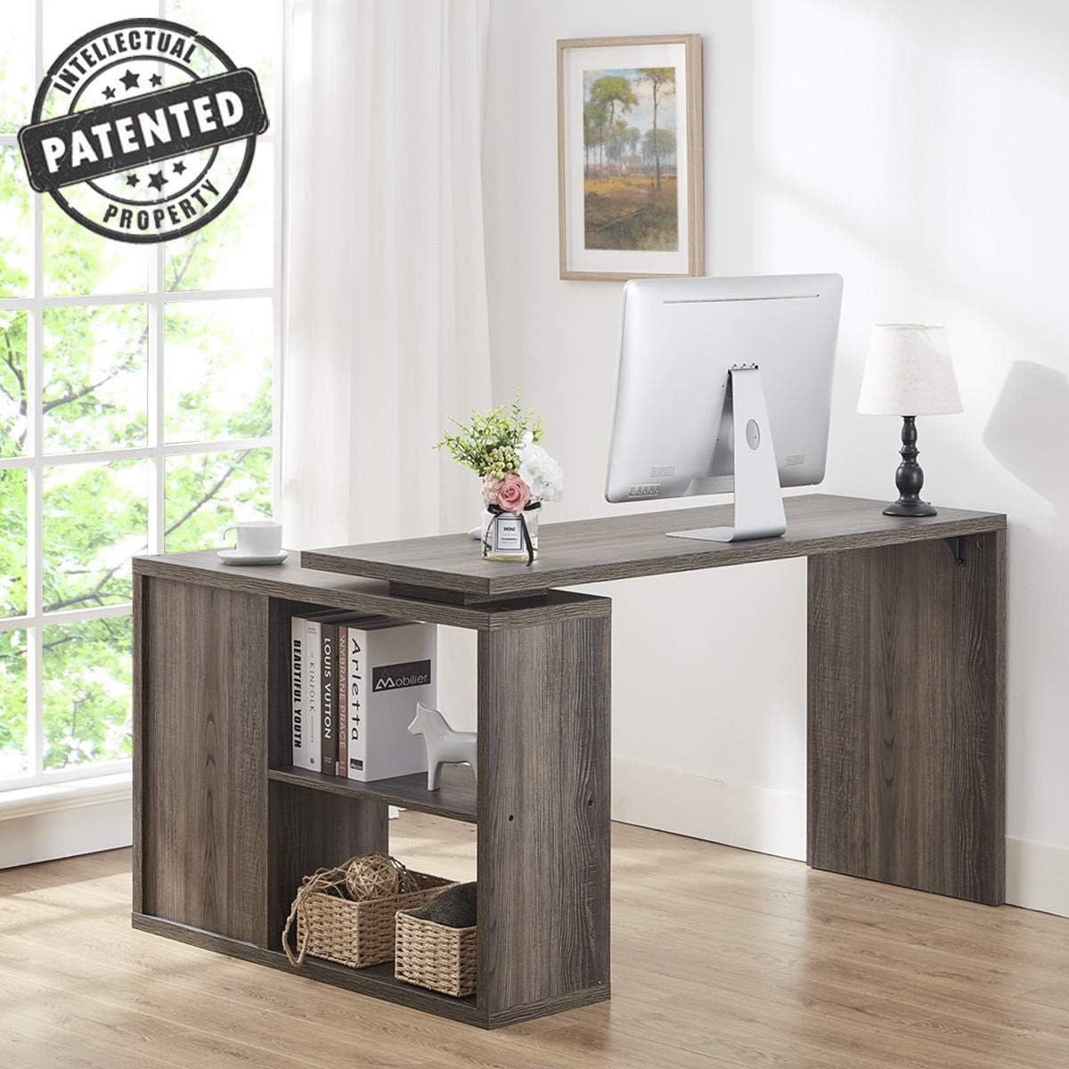 Grey L Shaped Computer Desk with Cabinet Drawer Storage V26254