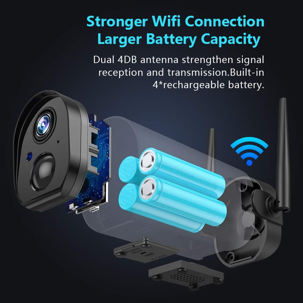 Wireless Outdoor WiFi Security Camera, Rechargeable Battery Powered, PIR Motion Detection, Two Way Audio, Night Vision, Waterproof, 2PCS E156315