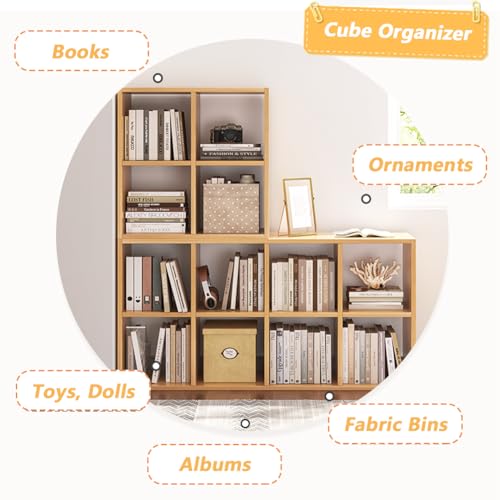 Oak 6 Cube Organizer Bookcase with Fabric Storage Bins J164
