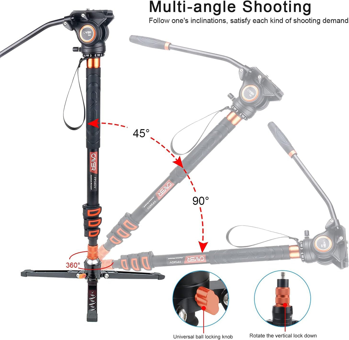 Lightweight Aluminum 71 inch Camera Monopod with Pan Tilt Fluid Head and Tripod Base I99790