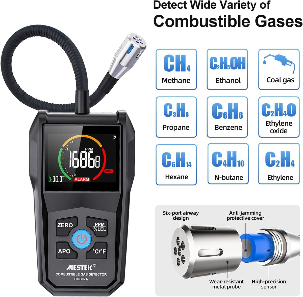 Gas Leak Detector with Alarm and Color LCD Display 0-50000PPM Pack of 2 T4674