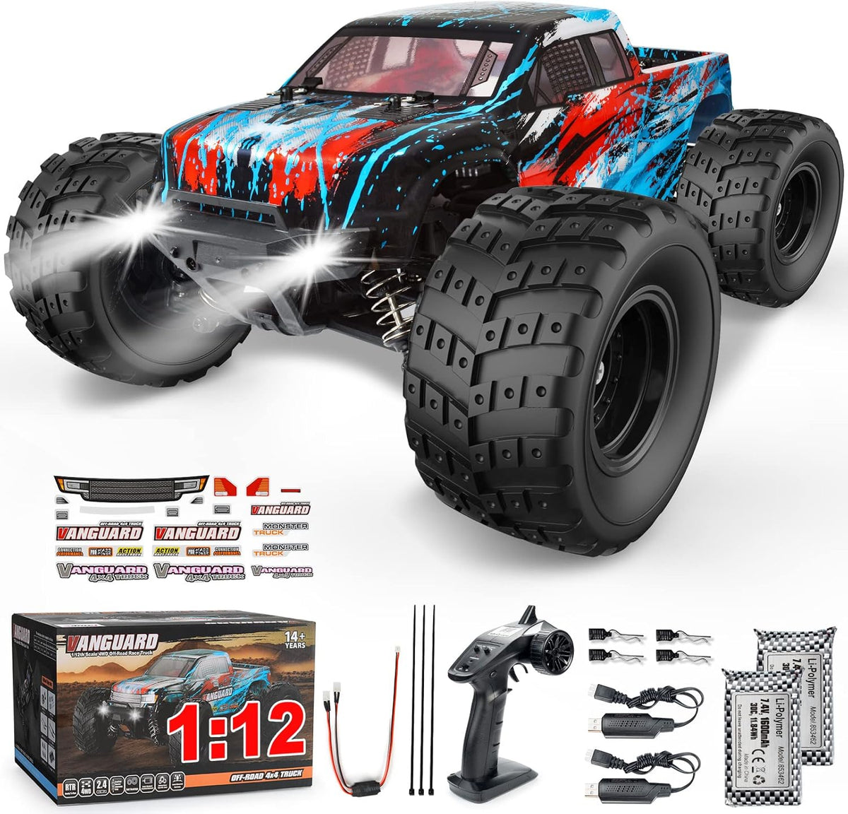 1/12 Scale Remote Control Car 2 Batteries 40+ km/h Off Road 4x4 Monster Truck B3671