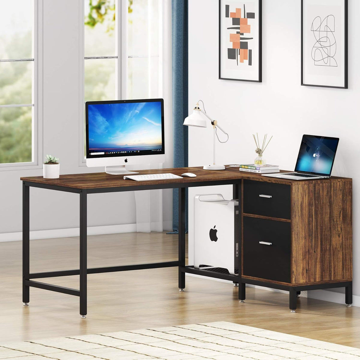 Rustic Industrial L Shaped Desk with Storage Drawer, 55 Inch Wood and Metal Study Corner Desk with Shelves and Hanging File Cabinet K627526