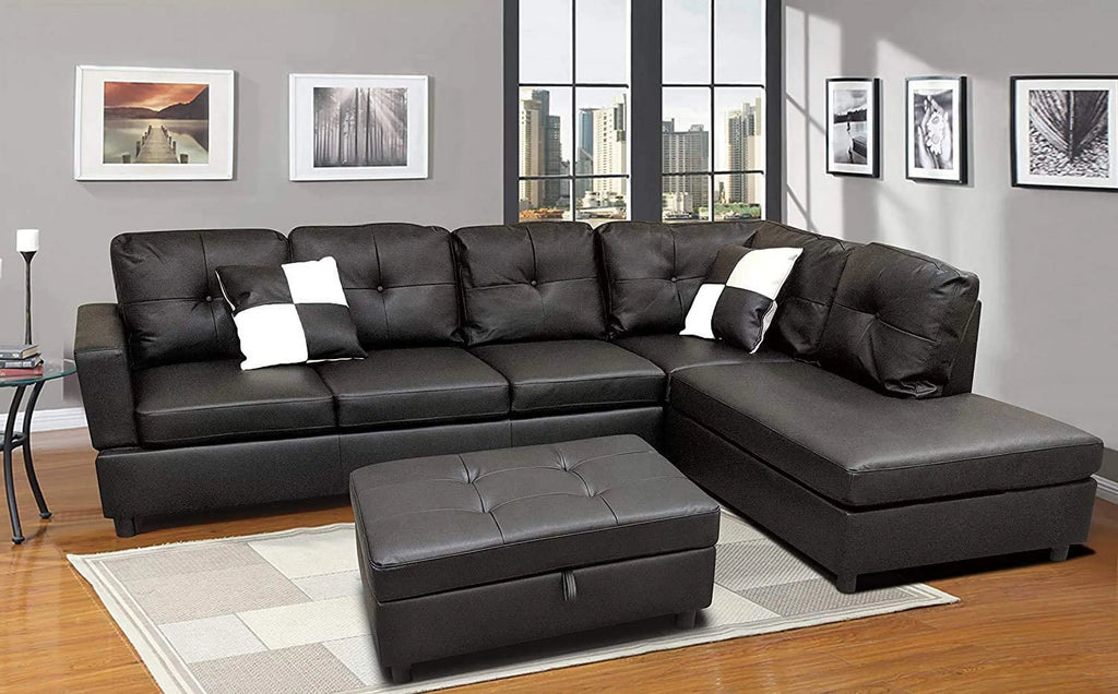 L-Shape Faux Leather Sectional Sofa with Chaise and Ottoman C9390