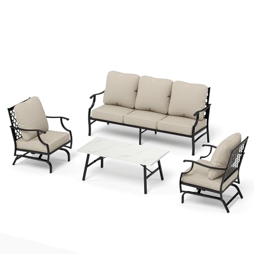 Navy Blue 4 Pcs Metal Outdoor Patio Furniture Set with 3-Seat Sofa, 2 Swivel Chairs, Coffee Table and Cushion G2827