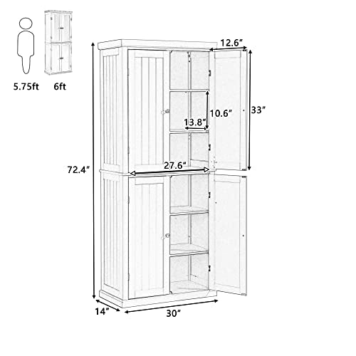 White 72.4-inch Tall Storage Cabinet with 4 Doors and Adjustable Shelves F71606