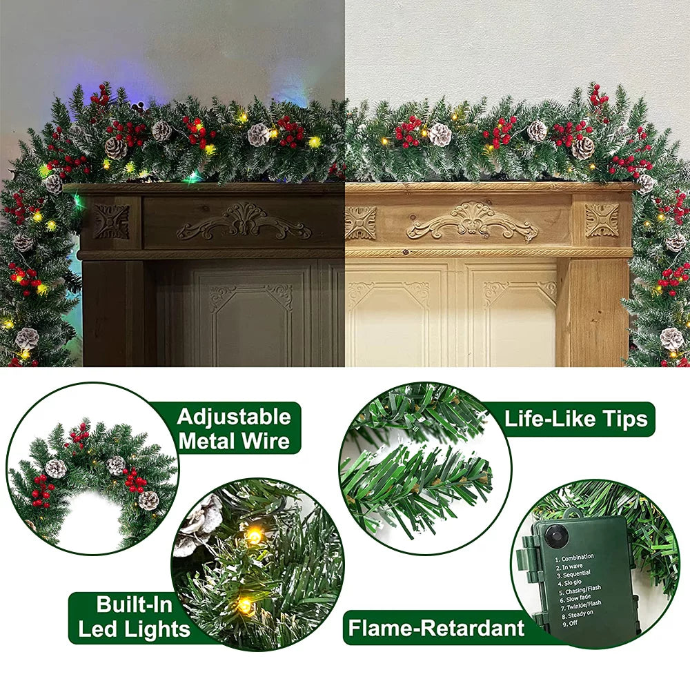 9ft Pre-Lit Christmas Garland with 50 LED Light and Pine Cones and Berries I98004