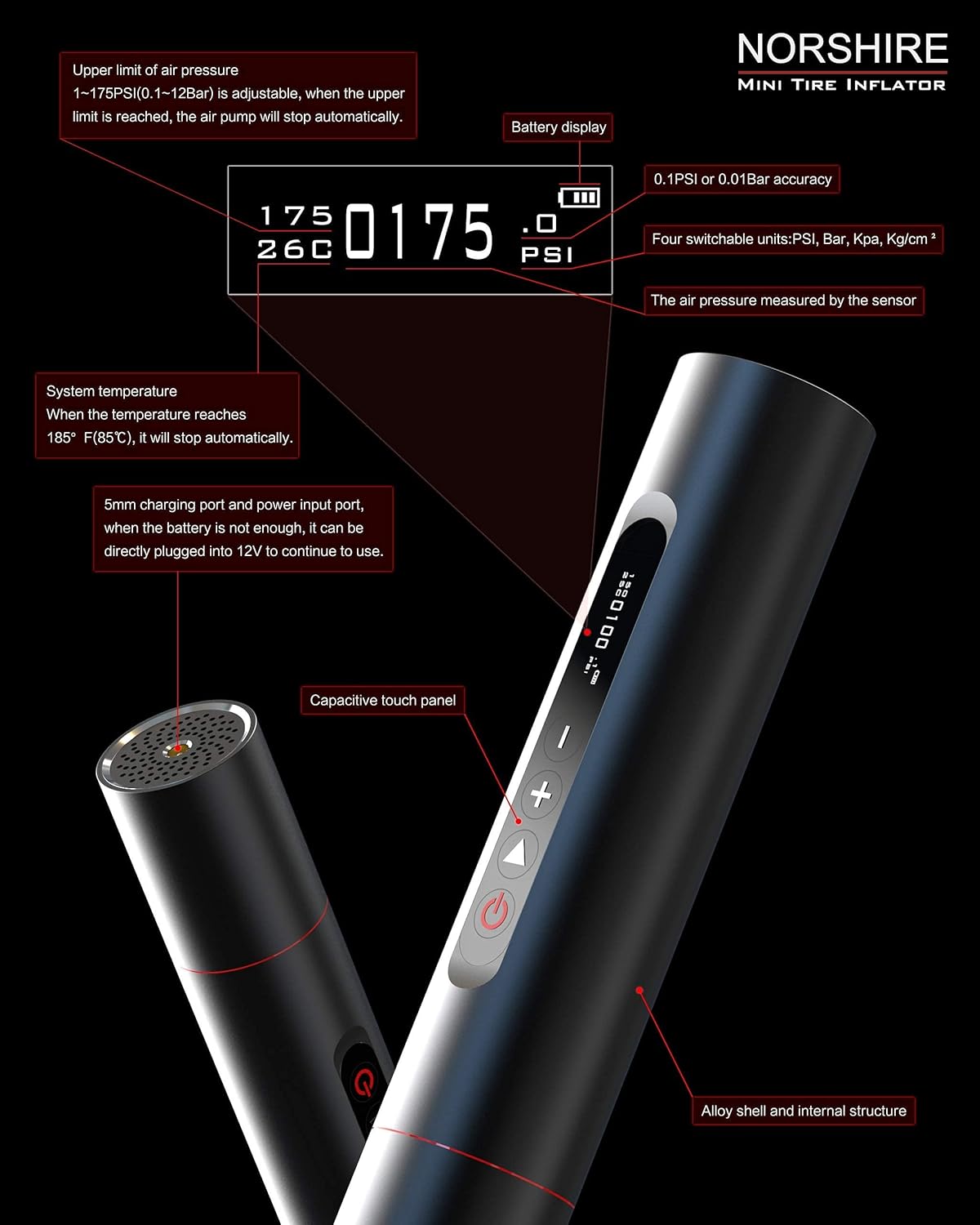Tire Inflator Portable Air Compressor with 175PSI OLED Touch Screen H2635