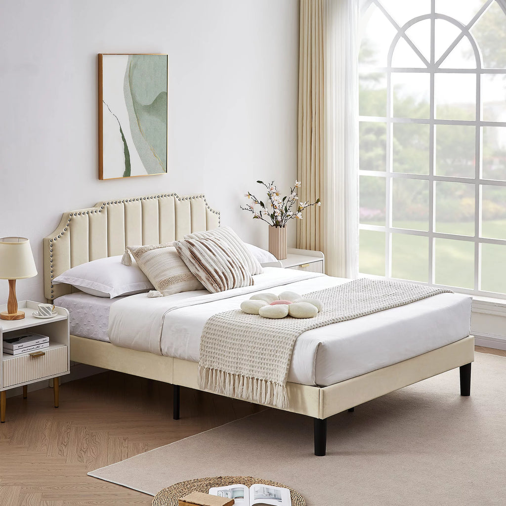 Queen Size Upholstered Platform Bed Frame with Nailhead Trim X55758