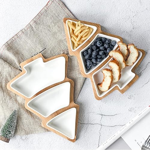 Christmas Tree Shaped Ceramic Platter with Wood Tray E257