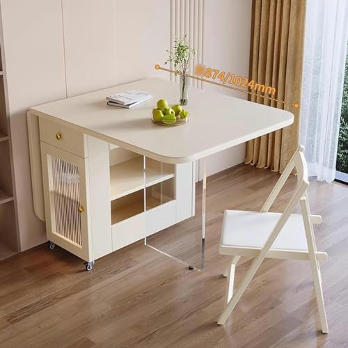 Folding Dining Table with Storage Rack, Drawers, Acrylic Table Legs and Slate Tabletop, 1.5M Q530