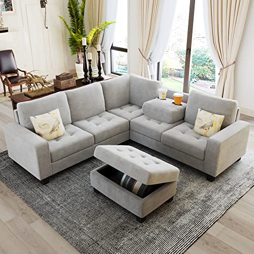 Light Grey L-Shape Sectional Sofa with Storage Ottoman S5152