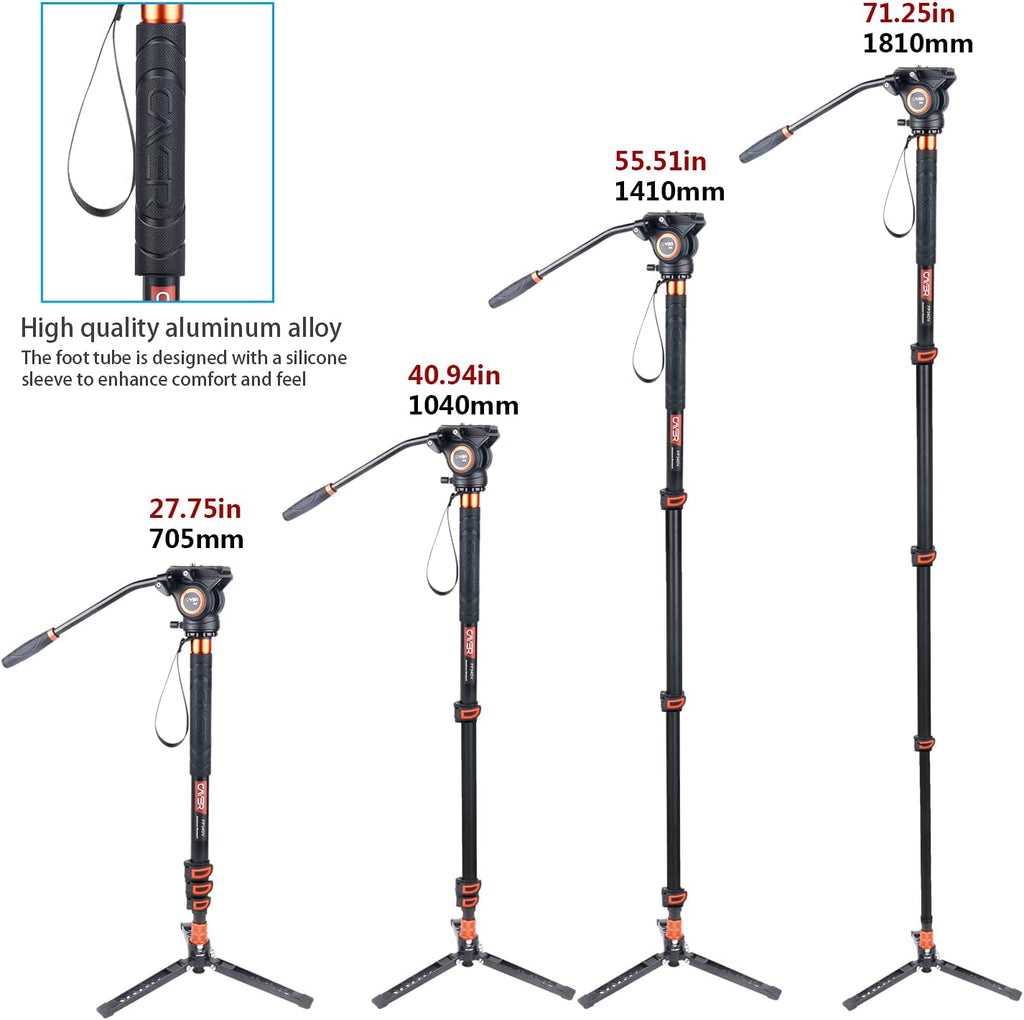 Lightweight Aluminum 71 inch Camera Monopod with Pan Tilt Fluid Head and Tripod Base I99790