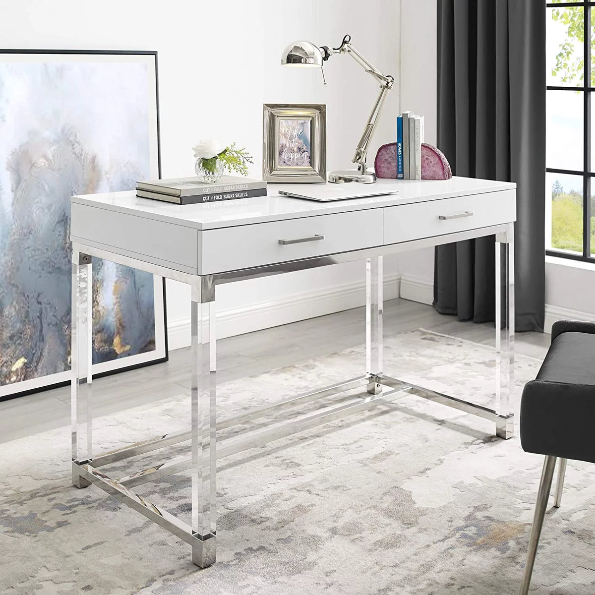 High Gloss 2 Drawers Writing Desk with Acrylic Legs and Chrome Stainless Steel Base White/Chrome U919