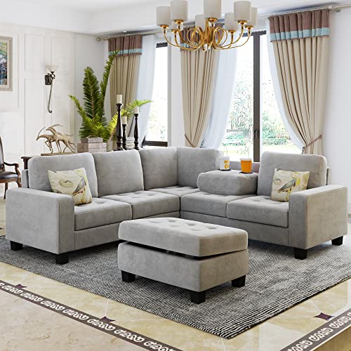 Light Grey L-Shape Sectional Sofa with Storage Ottoman S5152