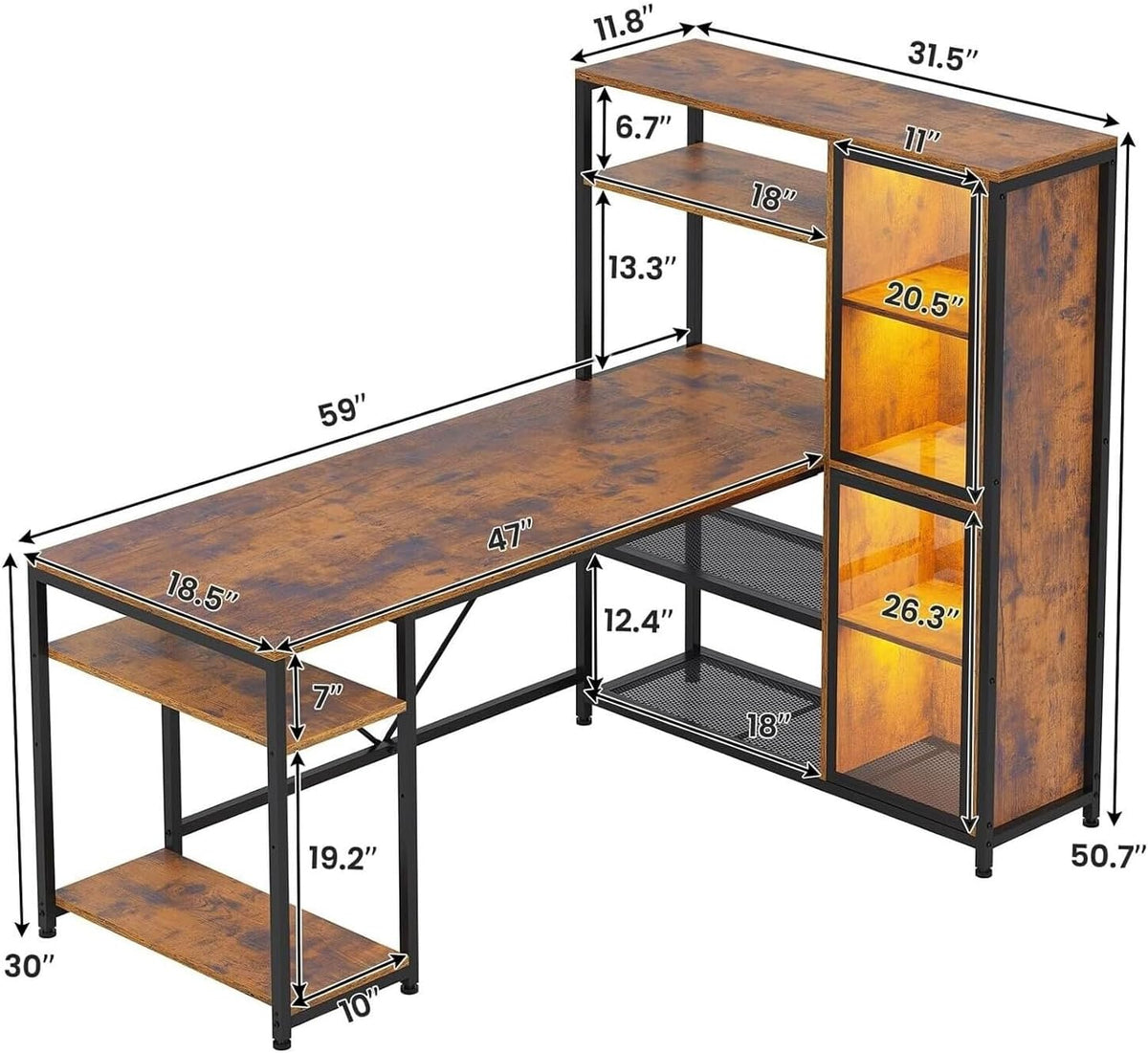 Rustic Brown L Shaped Desk with Storage Shelves 59”L x 31.5”W x 50.7”H W146556