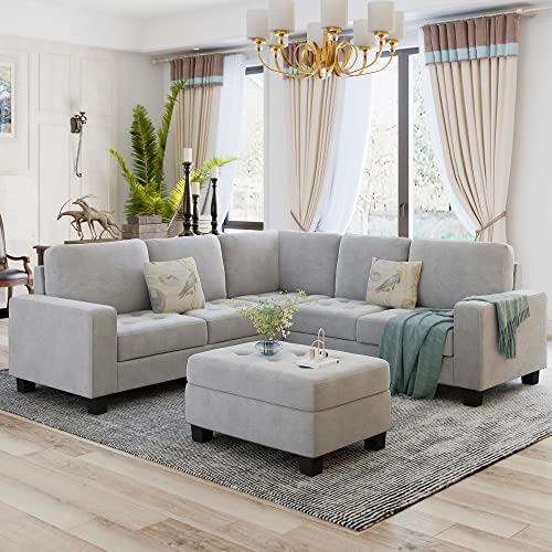 Light Grey L-Shape Sectional Sofa with Storage Ottoman S5152