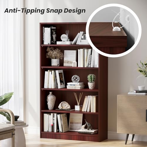 5 Shelf Wooden Bookcase, 60 Inch Height, Cherry R2039