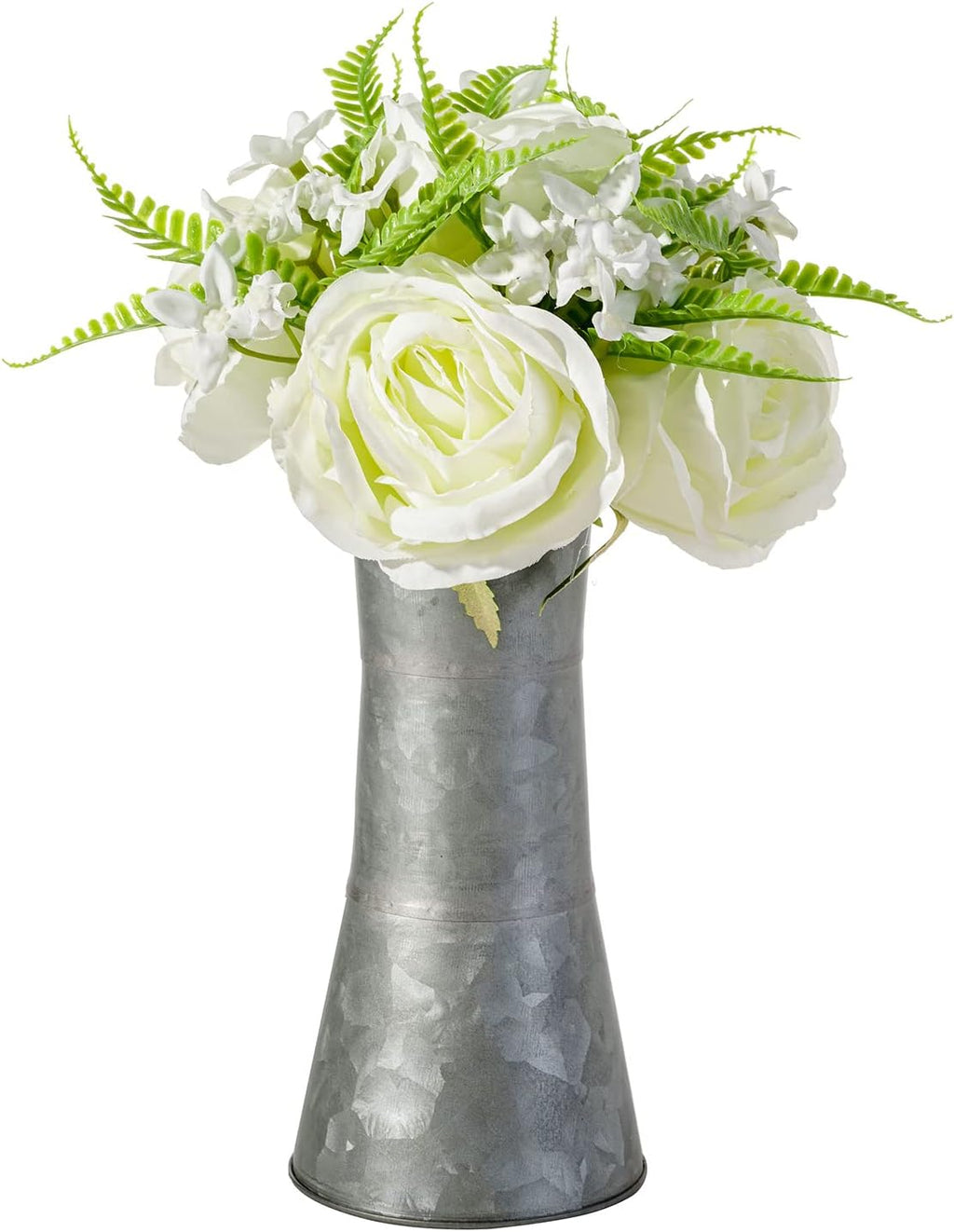 8 Inch Galvanized Metal Decorative Flower Vase with Faux Floral Bouquet, Artificial White Roses O80125