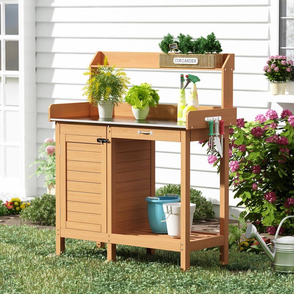 Wooden Potting Bench Table with Cabinet U7804
