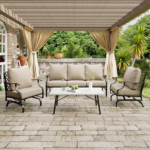 Navy Blue 4 Pcs Metal Outdoor Patio Furniture Set with 3-Seat Sofa, 2 Swivel Chairs, Coffee Table and Cushion G2827
