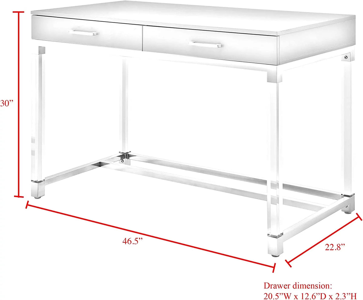High Gloss 2 Drawers Writing Desk with Acrylic Legs and Chrome Stainless Steel Base White/Chrome U919