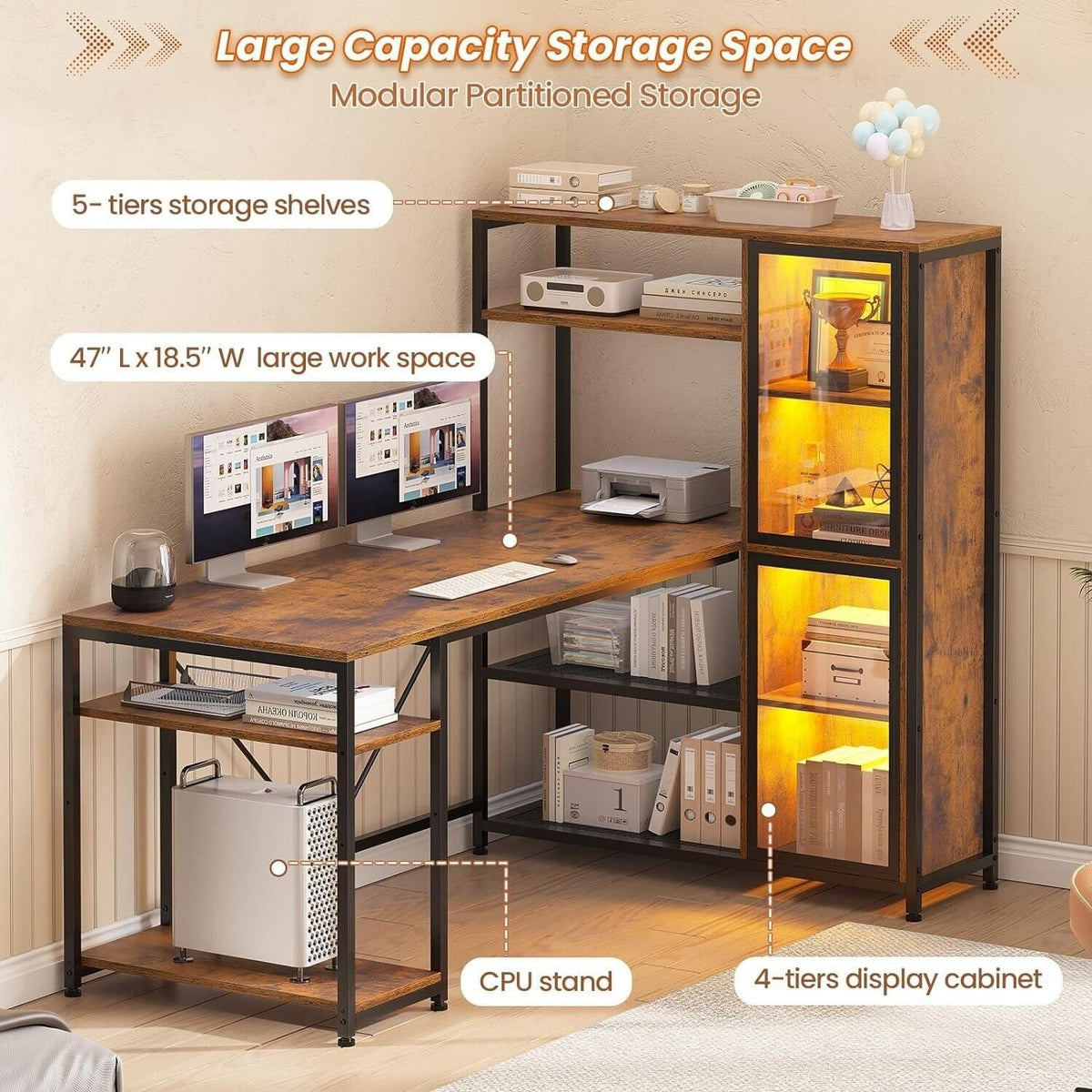 Rustic Brown L Shaped Desk with Storage Shelves 59”L x 31.5”W x 50.7”H W146556