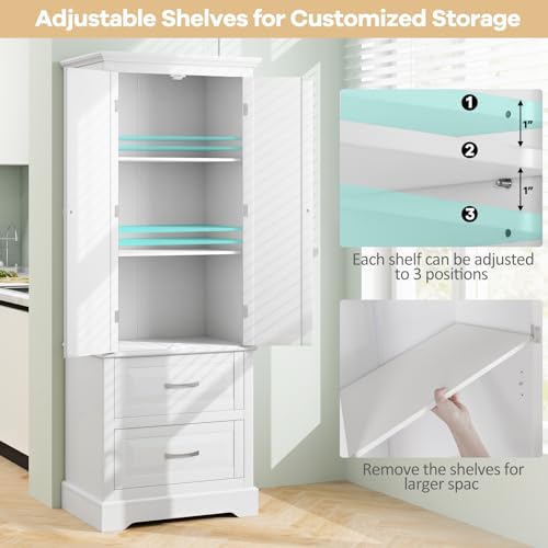 White 62" Floor Storage Cabinet with 2 Large Drawers and Adjustable Shelves U178