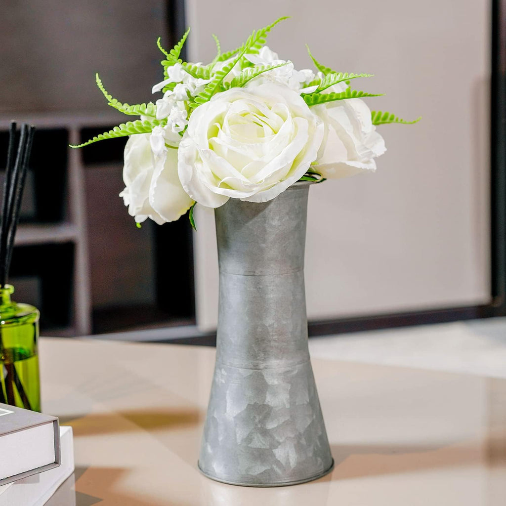 8 Inch Galvanized Metal Decorative Flower Vase with Faux Floral Bouquet, Artificial White Roses O80125