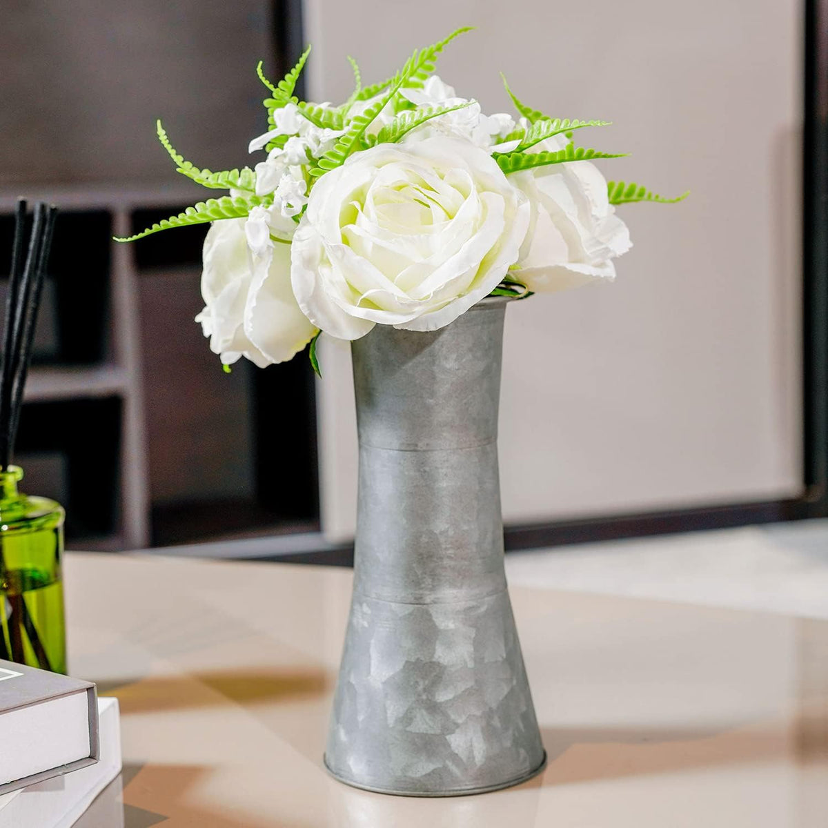 8 Inch Galvanized Metal Decorative Flower Vase with Faux Floral Bouquet, Artificial White Roses O80125