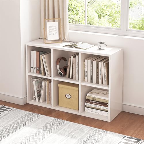 Oak 6 Cube Organizer Bookcase with Fabric Storage Bins J164