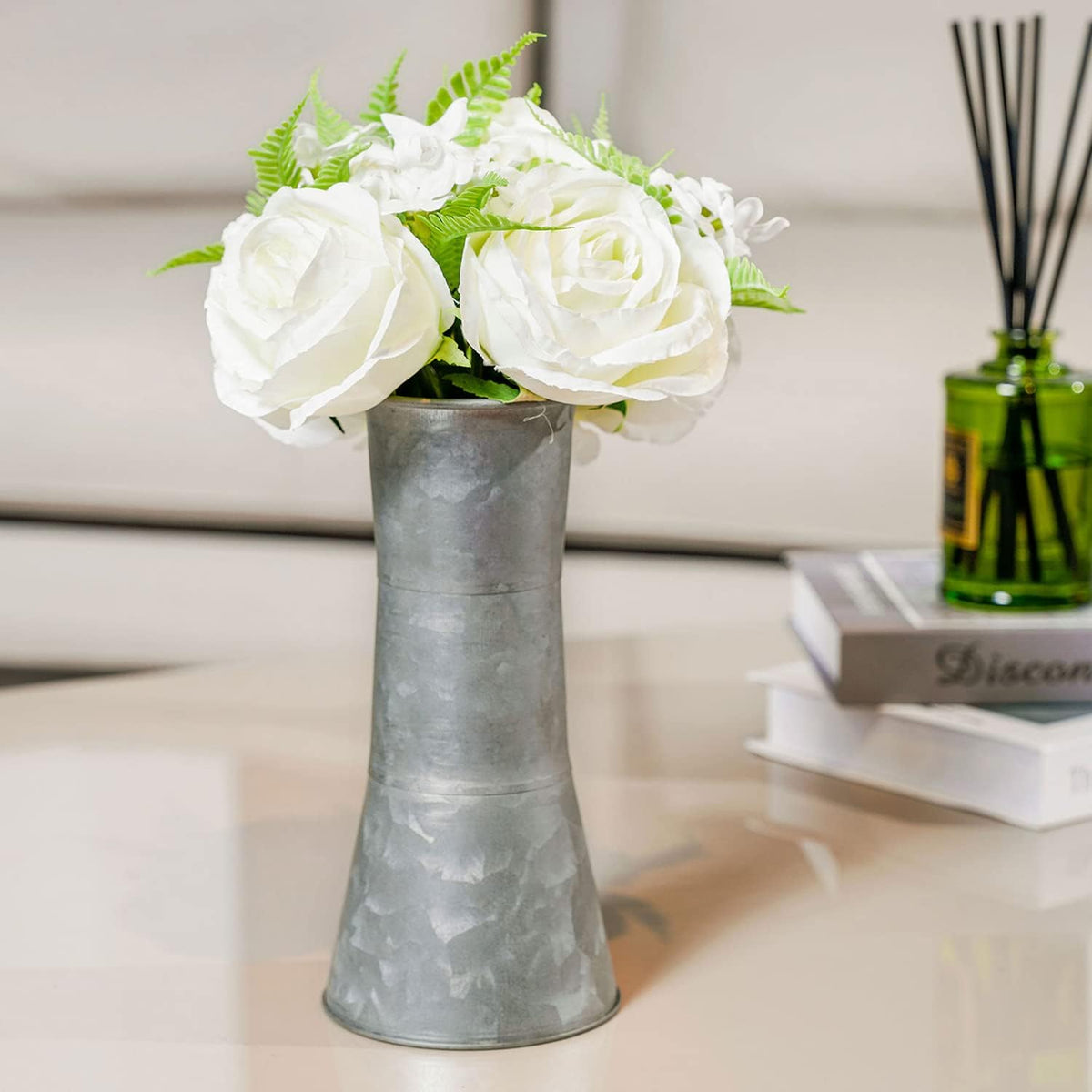 8 Inch Galvanized Metal Decorative Flower Vase with Faux Floral Bouquet, Artificial White Roses O80125