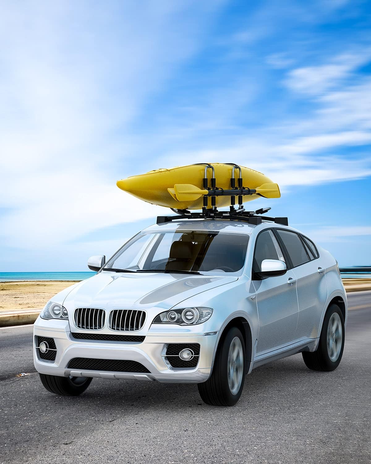 Kayak Roof Rack for 2 Kayaks Folding Aluminum Kayak Carrier J Bar with Paddle Holder M930691
