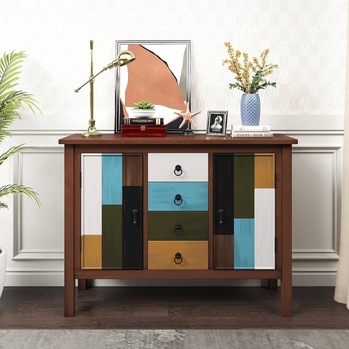 Navy Blue Wood Accent Buffet Sideboard with Doors and Adjustable Shelf O669