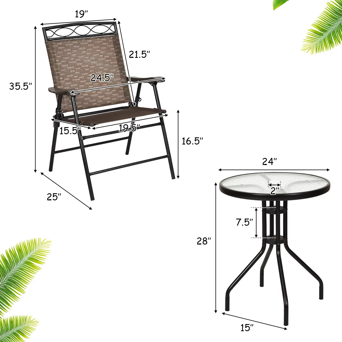 3 PCS Bistro Patio Dining Set with 2 Folding Chairs & Glass Table L5326