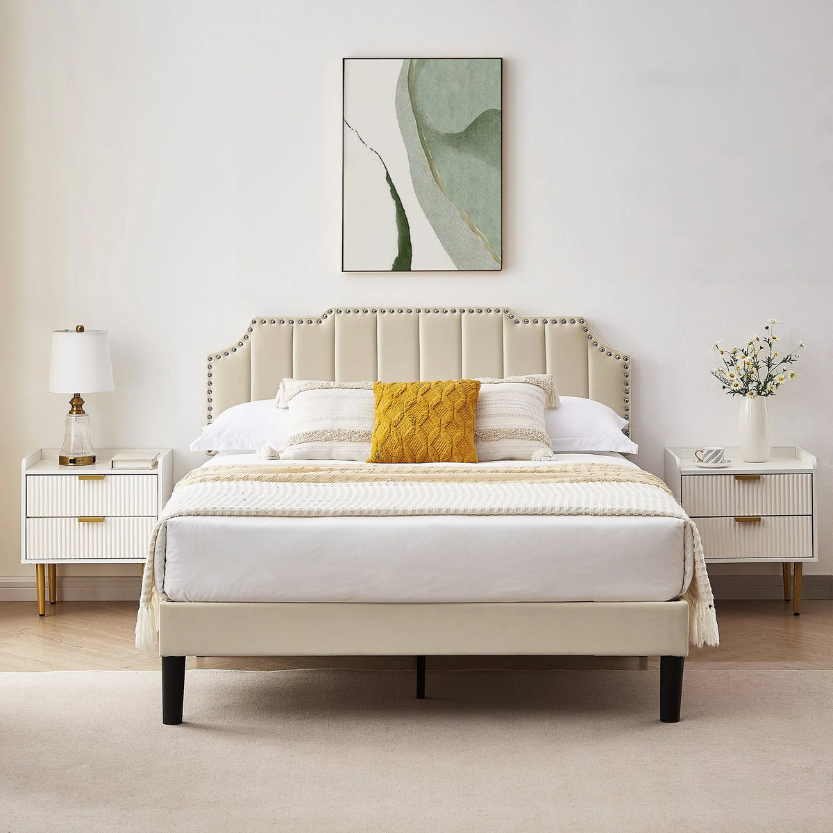 Queen Size Upholstered Platform Bed Frame with Nailhead Trim X55758
