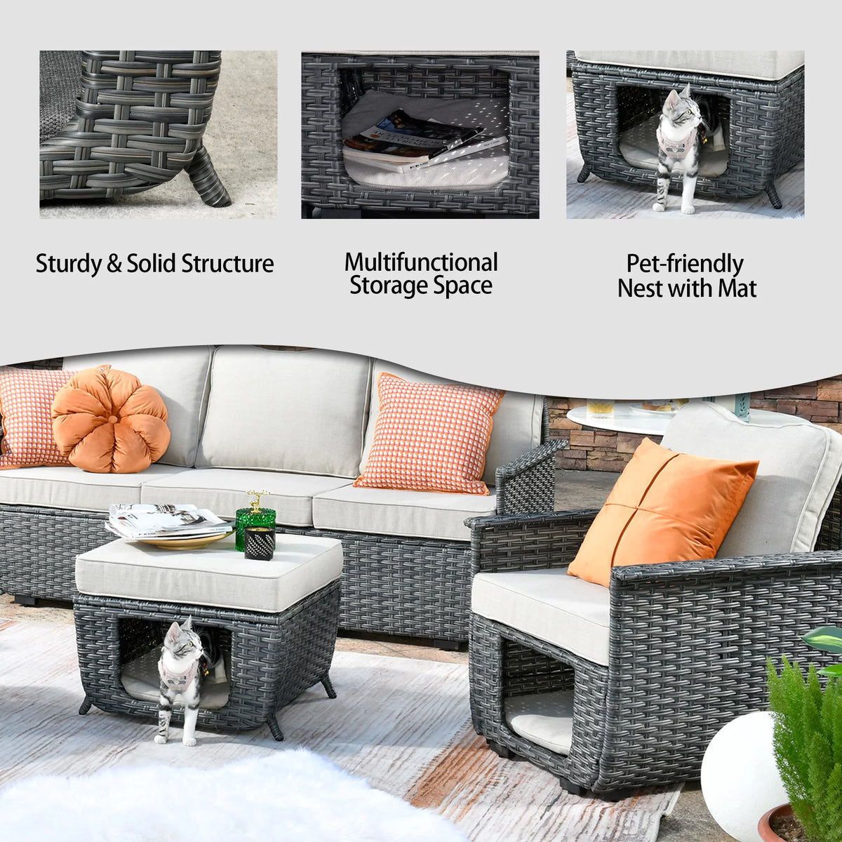 5 Pieces All Weather Wicker Sectional Sofa Set with Storage Box T606169