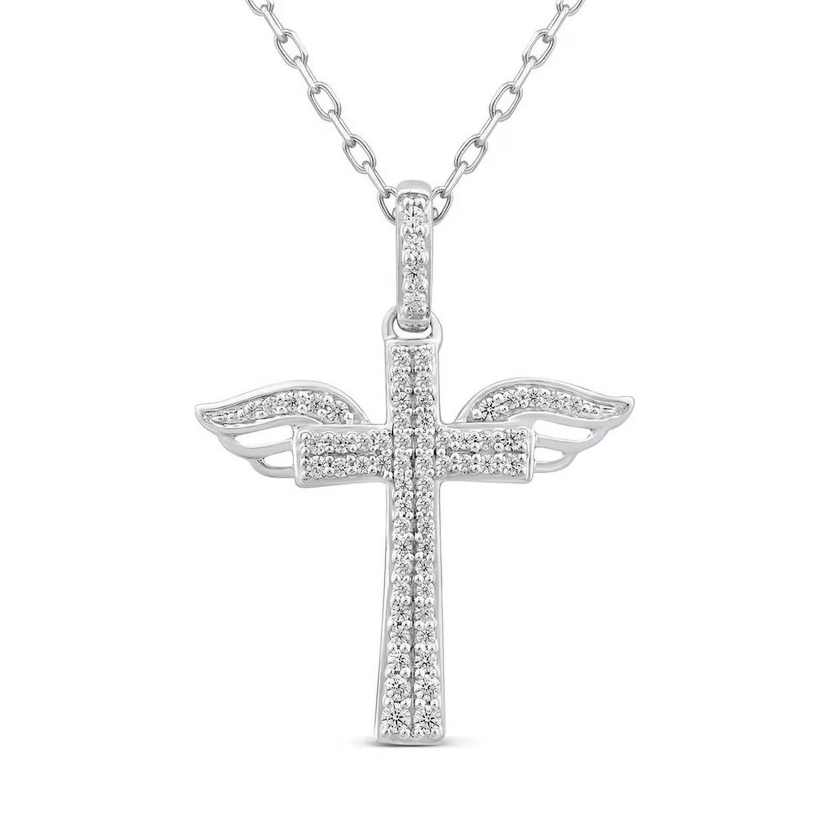 14K White Gold Holy Cross Necklace with Diamond Accents P554