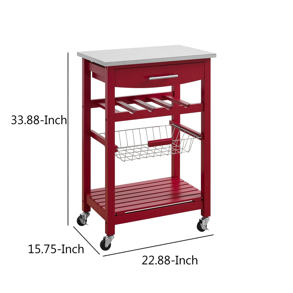 Red Kitchen Island with Stainless Steel Top and Casters B193522