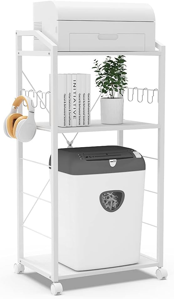 Large 3-Tier Mobile Printer Stand Utility Cart Rustic Wooden Adjustable Shelves with 8 Hooks Caster Wheels V953677
