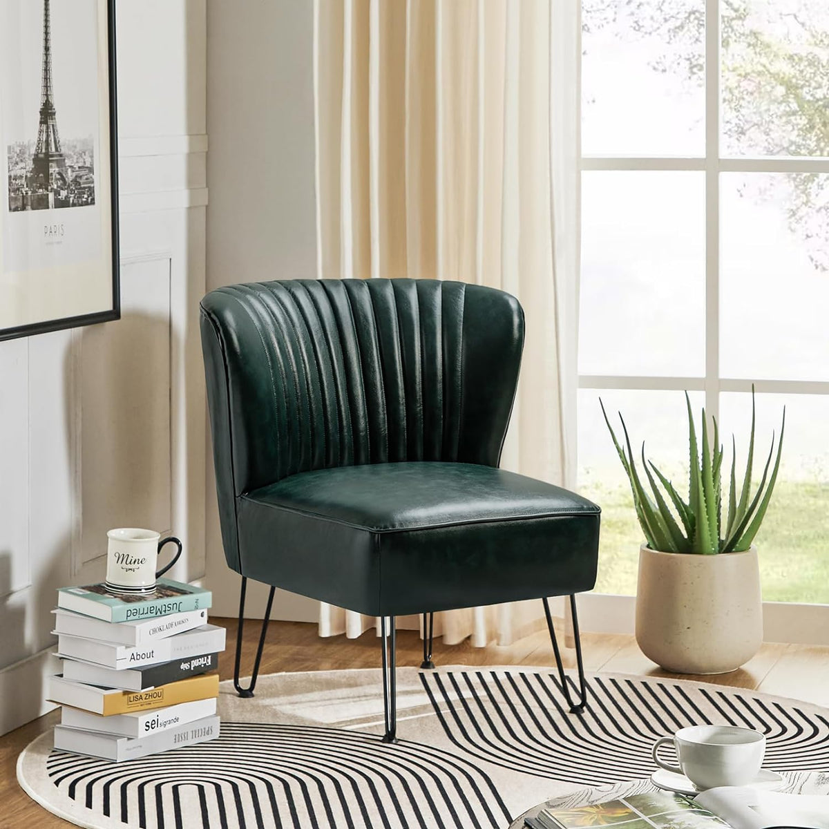 Green Faux Leather Armless Accent Chair with Metal Base O97705