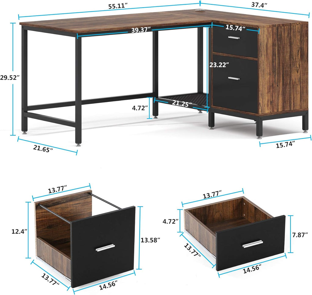 Rustic Industrial L Shaped Desk with Storage Drawer, 55 Inch Wood and Metal Study Corner Desk with Shelves and Hanging File Cabinet K627526